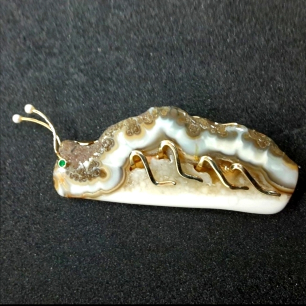 Rare Genuine Crystal Artistic Unique Vintage Brooch Slug w Emerald Eye Gold Tone